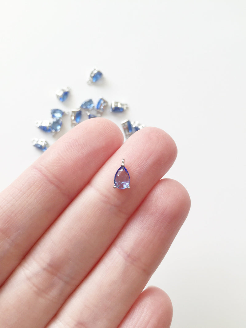 2 x Tiny Rhodium Plated Blue Cubic Zirconia Teardrop Charms, 8x4mm (2691)