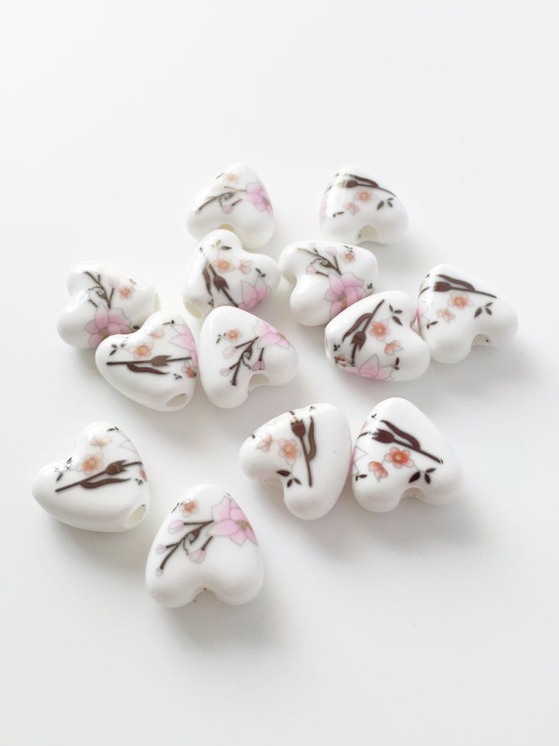 6 x Pink Magnolia Porcelain Heart Beads, 20x15mm (3098)