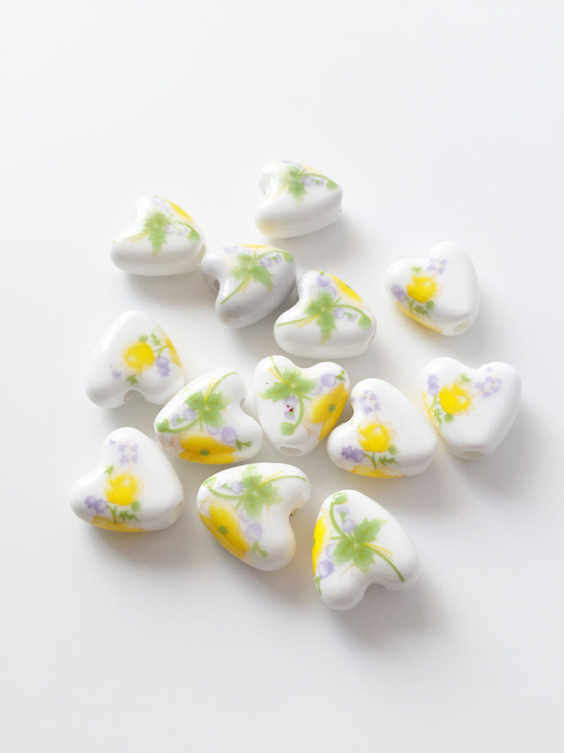 6 x Ceramic Heart Beads, 20x15mm Painted Porcelain Heart Beads (3098)