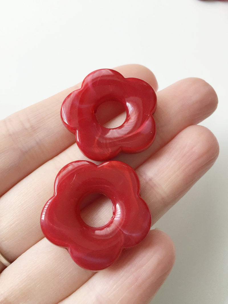 2 x Red Resin Flower Beads, 26mm (3131)