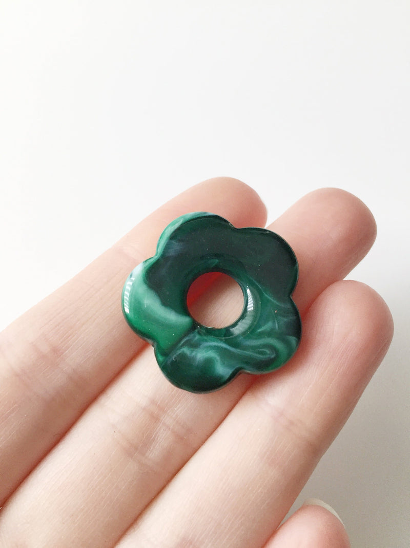 2 x Malachite Green Resin Flower Beads, 26mm Flower Charms for Hoop Earrings