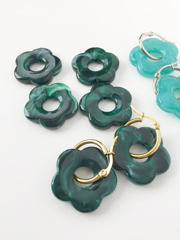 2 x Malachite Green Resin Flower Beads, 26mm Flower Charms for Hoop Earrings