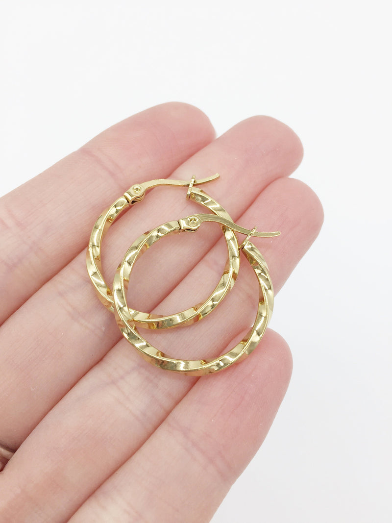 1 pair x Gold Plated Stainless Steel Twisted Earring Hoop Blanks, 24mm (1926)