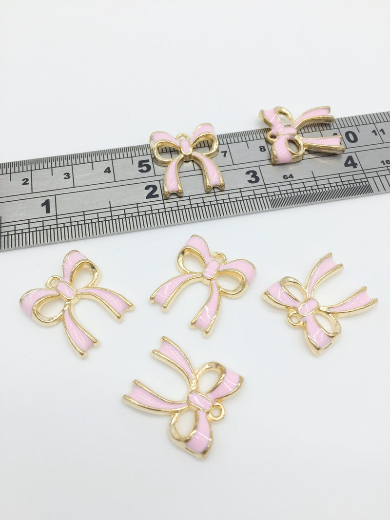 4 x Pink Bowknot Enamelled Gold Charms, 20x17.5mm  (3057)