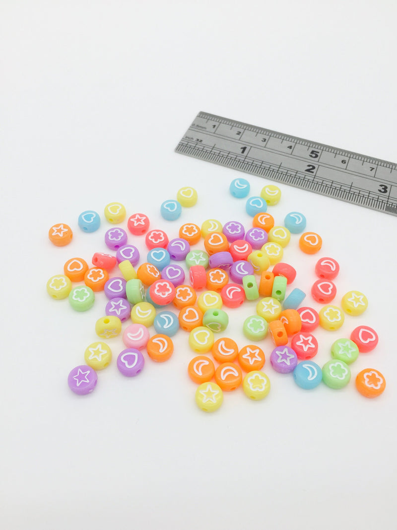 100 x Bright Neon Bracelet Acrylic Beads with Star, Moon, Heart, Flower Pattern, 7x4mm (3082)