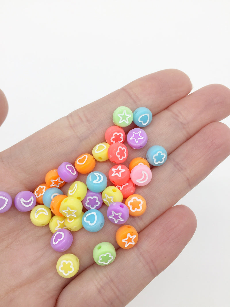 100 x Bright Neon Bracelet Acrylic Beads with Star, Moon, Heart, Flower Pattern, 7x4mm (3082)