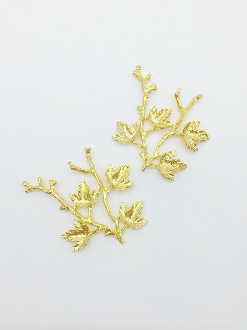 2 x Bright Gold Metal Maple Tree Branches, 60x47mm (E5)