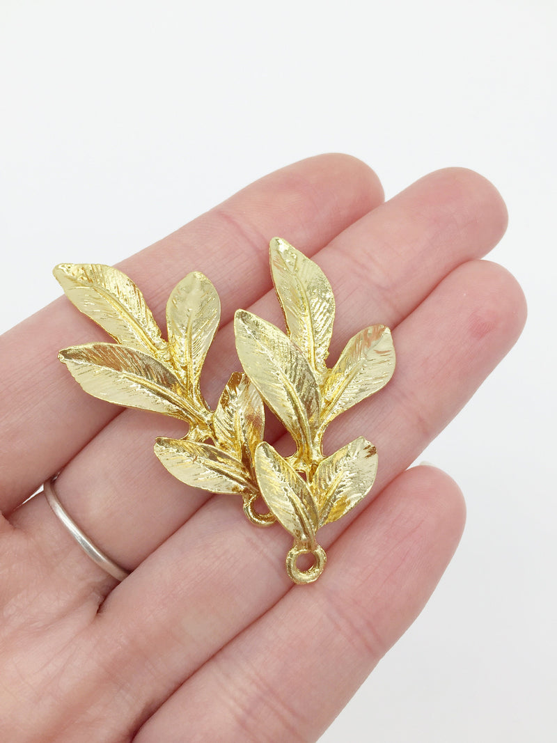 4 x Textured Bright Gold Laurel Leaf Pendants, 46x23mm (3637)