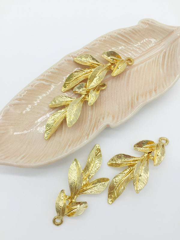 4 x Textured Bright Gold Laurel Leaf Pendants, 46x23mm (3637)