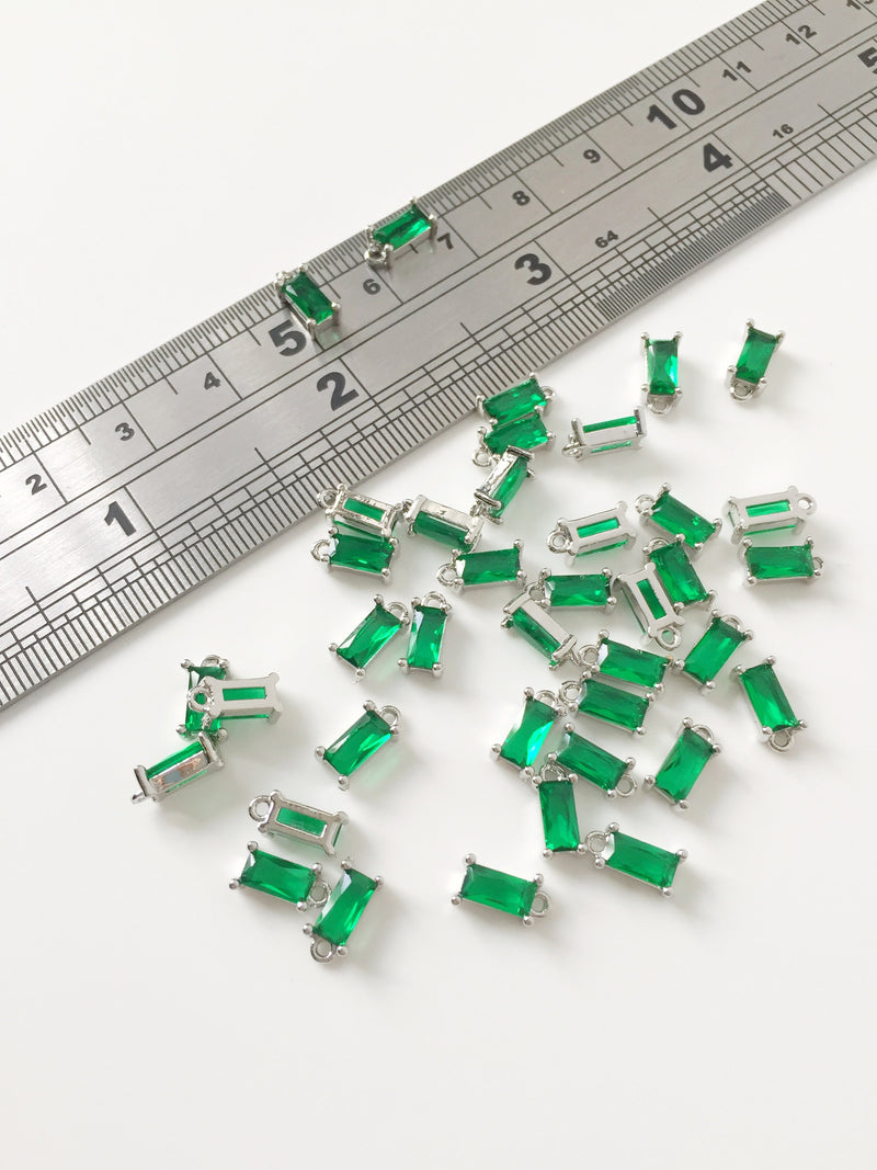 2 x Tiny Emerald Green Baguette Cut Crystal Pendants, 4x8mm (0396)