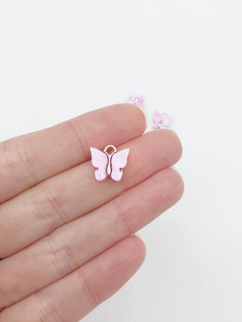 4 x Rhodium Plated Pink Resin Butterfly Charms, 12.5x13mm (2778)