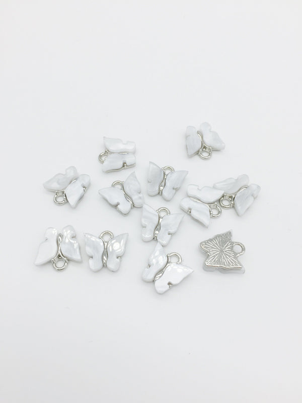 4 x Rhodium Plated White Resin Butterfly Charms, 12.5x13mm (2778)