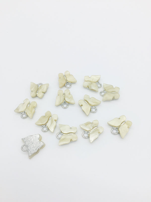 4 x Rhodium Plated Ivory Resin Butterfly Charms, 12.5x13mm (2779)