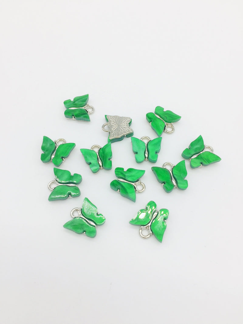 4 x Rhodium Plated Emerald Green Resin Butterfly Charms, 12.5x13mm (2779)