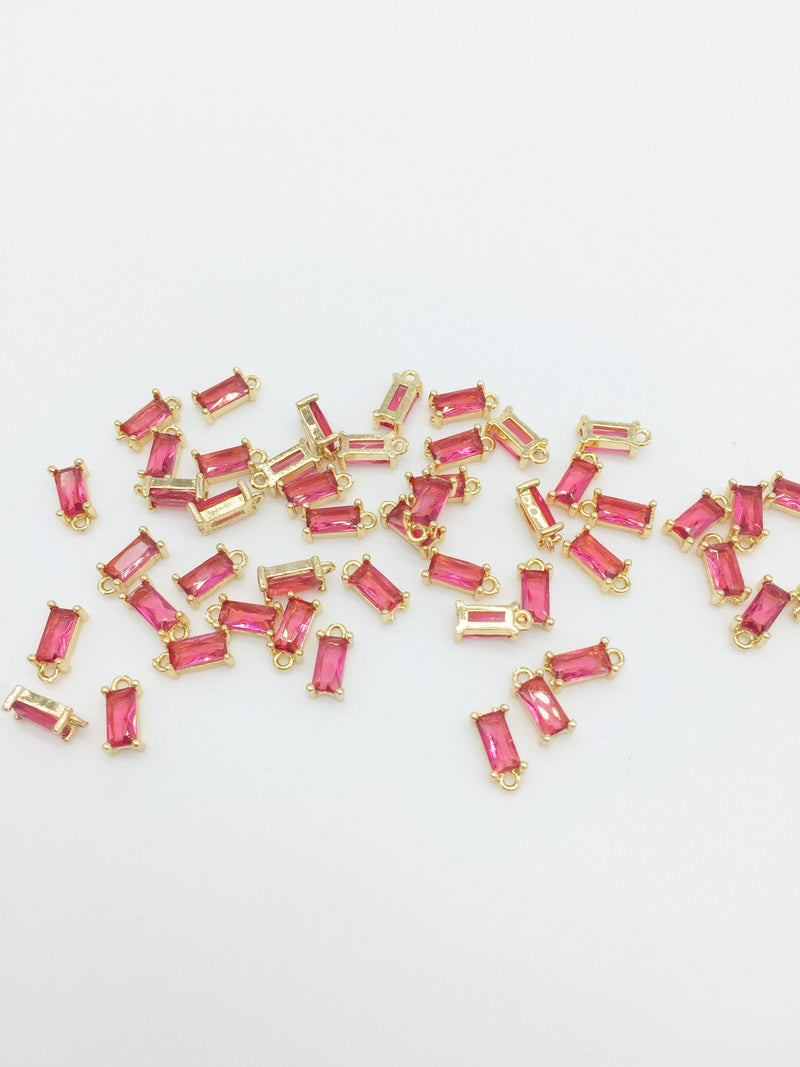 2 x Tiny Bright Pink Baguette Cut Crystal Pendants, 4x8mm Gold Rectangular Charms (1248)