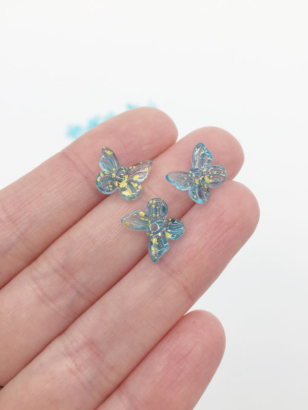 20 x Gold Sprayed Light Blue Glass Butterfly Charms, 11x10mm (1223)