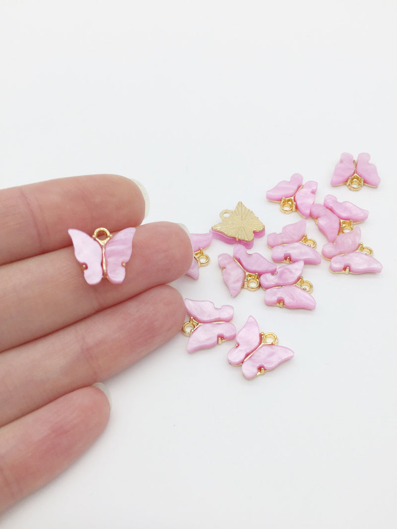 4 x Gold Plated Pink Resin Butterfly Charms, 12.5x13mm (2784)