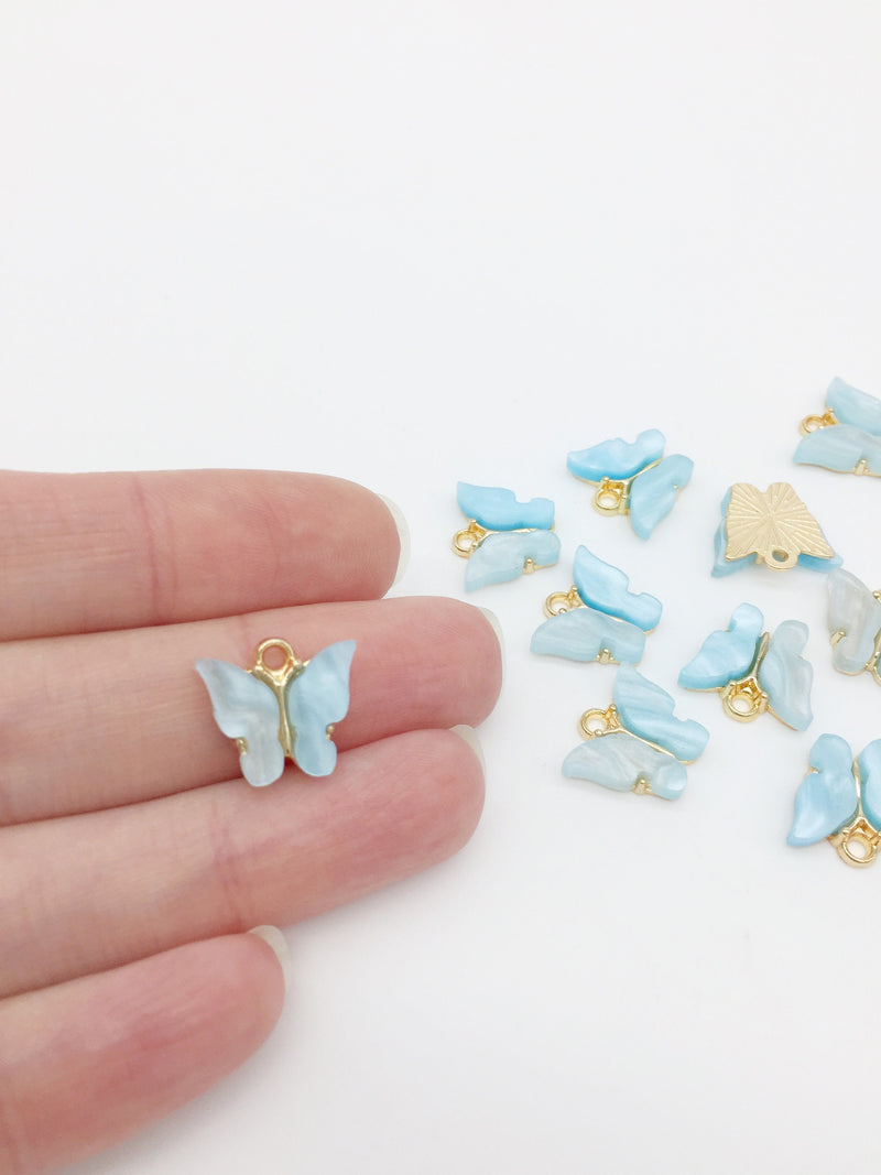 4 x Gold Plated Sky Blue Resin Butterfly Charms, 12.5x13mm (2791)