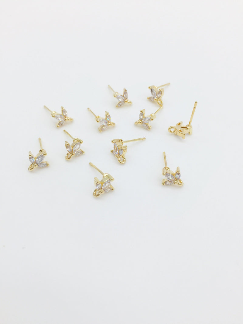 1 pair x Gold Plated Cubic Zirconia Flower Earring Studs with Loop, 7x8mm (2790)