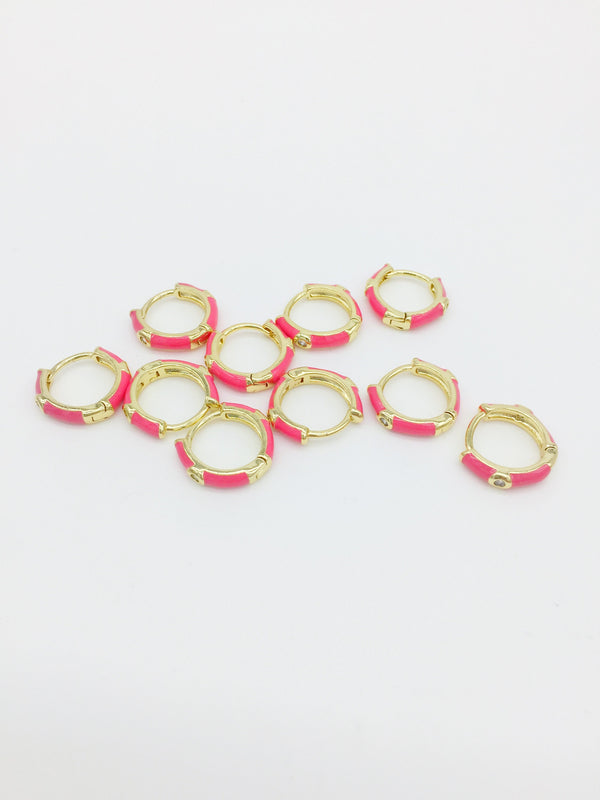 1 pair x 18K Gold Plated Hoop Earrings with Pink Enamel and Cubic Zirconia, 16mm (2723)