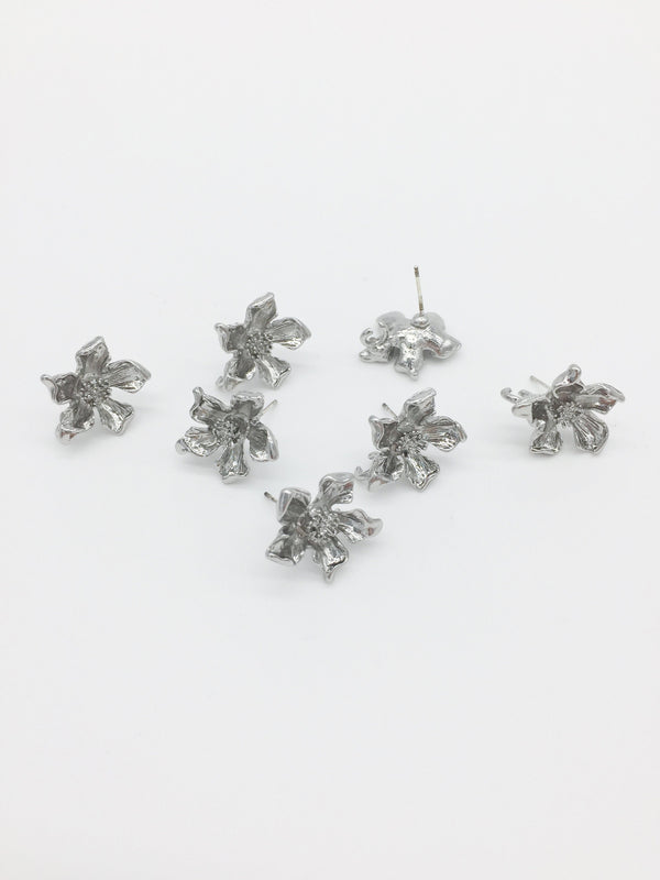 1 pair x Rhodium Plated Flower Earring Studs with Loops (2698)