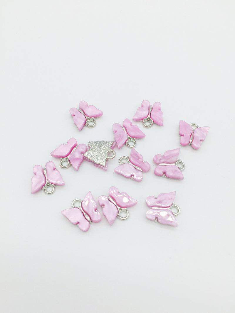 4 x Rhodium Plated Pink Resin Butterfly Charms, 12.5x13mm (2778)