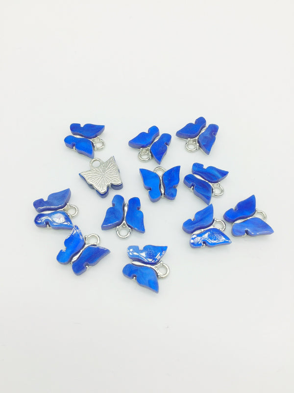 4 x Rhodium Plated Royal Blue Resin Butterfly Charms, 12.5x13mm (2779)