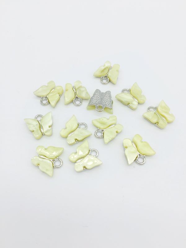 4 x Rhodium Plated Yellow Resin Butterfly Charms, 12.5x12mm (2778)