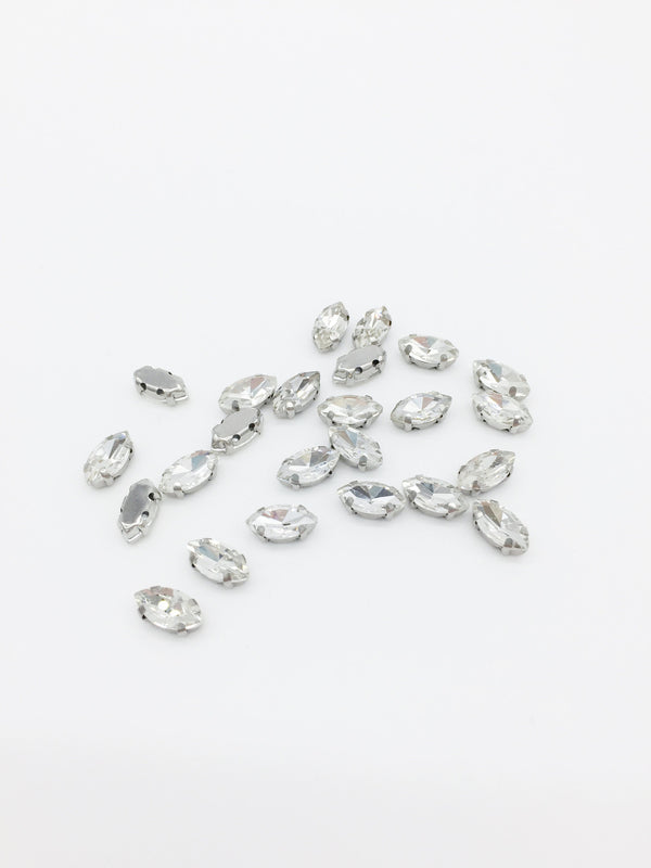 24 x 5x10mm Rhodium Clear Glass Navette Rhinestones, Sew-on Crystals (2795)