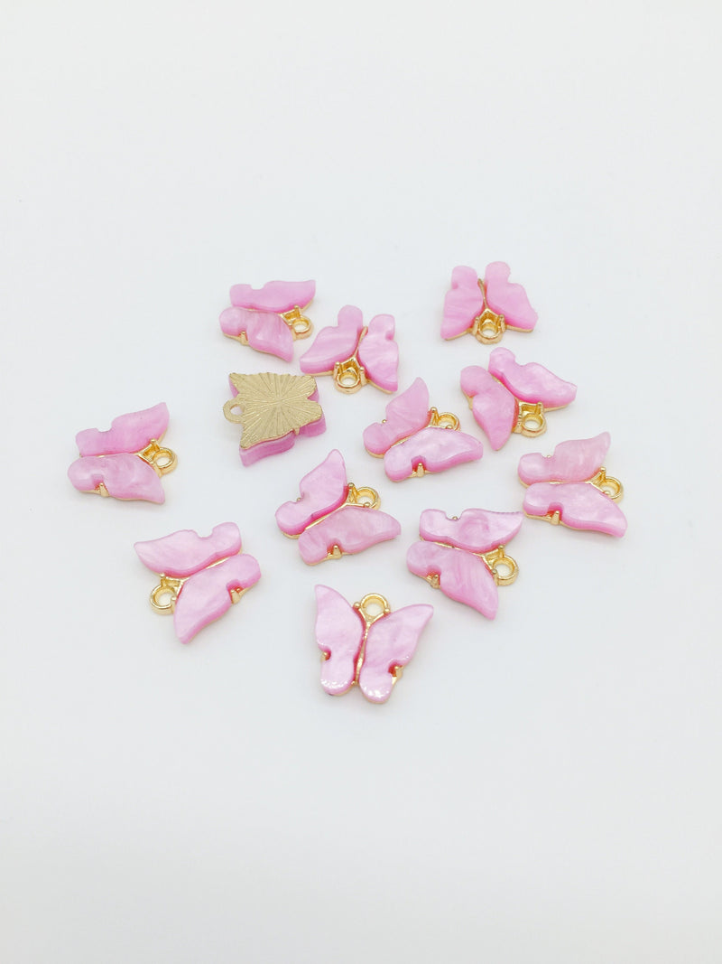 4 x Gold Plated Pink Resin Butterfly Charms, 12.5x13mm (2784)