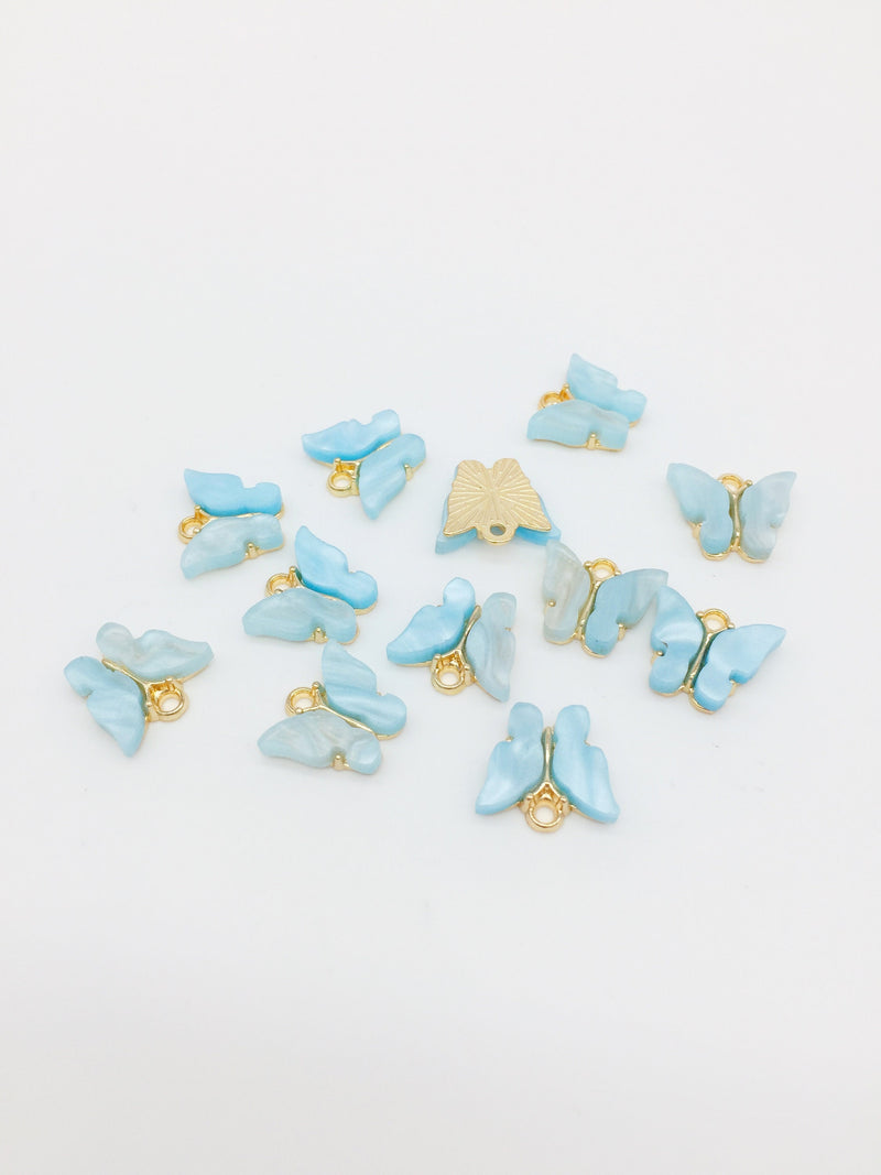 4 x Gold Plated Sky Blue Resin Butterfly Charms, 12.5x13mm (2791)