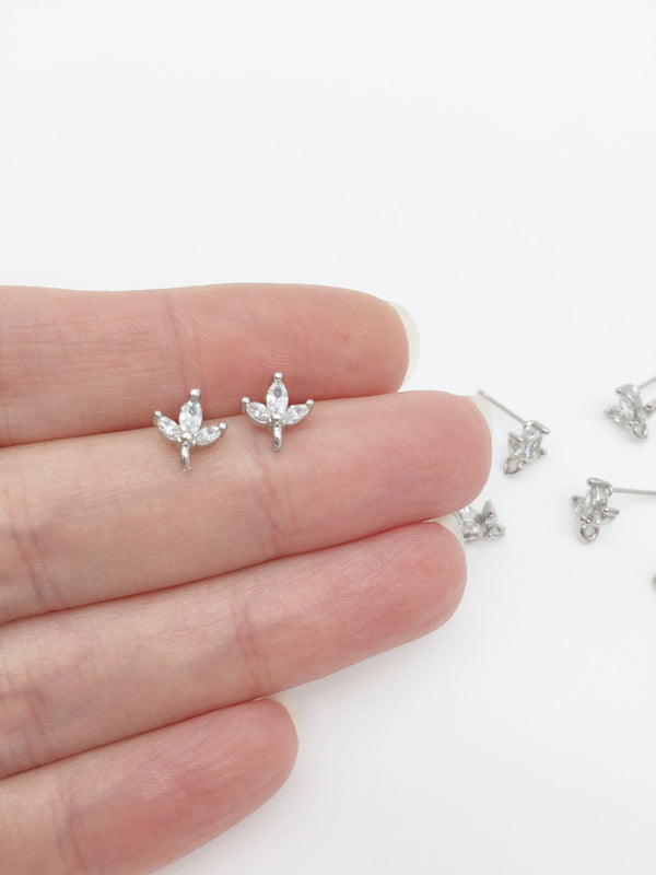 1 pair x Rhodium Plated Cubic Zirconia Flower Earring Studs With Loop, 7x8mm (2790)