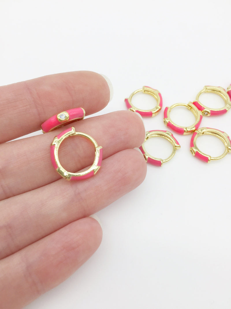 1 pair x 18K Gold Plated Hoop Earrings with Pink Enamel and Cubic Zirconia, 16mm (2723)