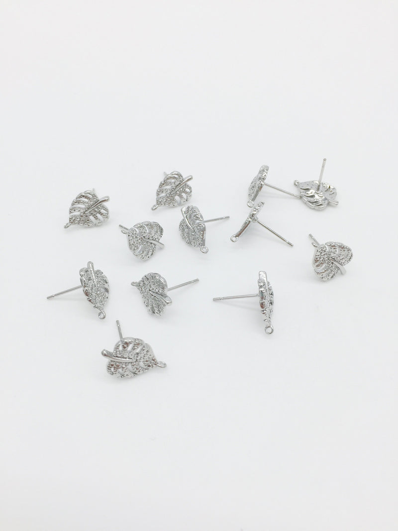 1 pair x Rhodium Plated Monstera Leaf Earring Studs with Loop (2734)