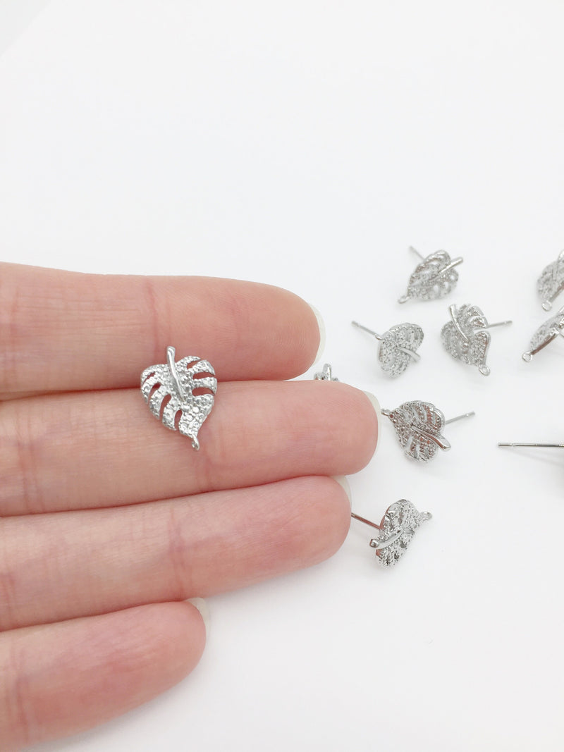 1 pair x Rhodium Plated Monstera Leaf Earring Studs with Loop (2734)