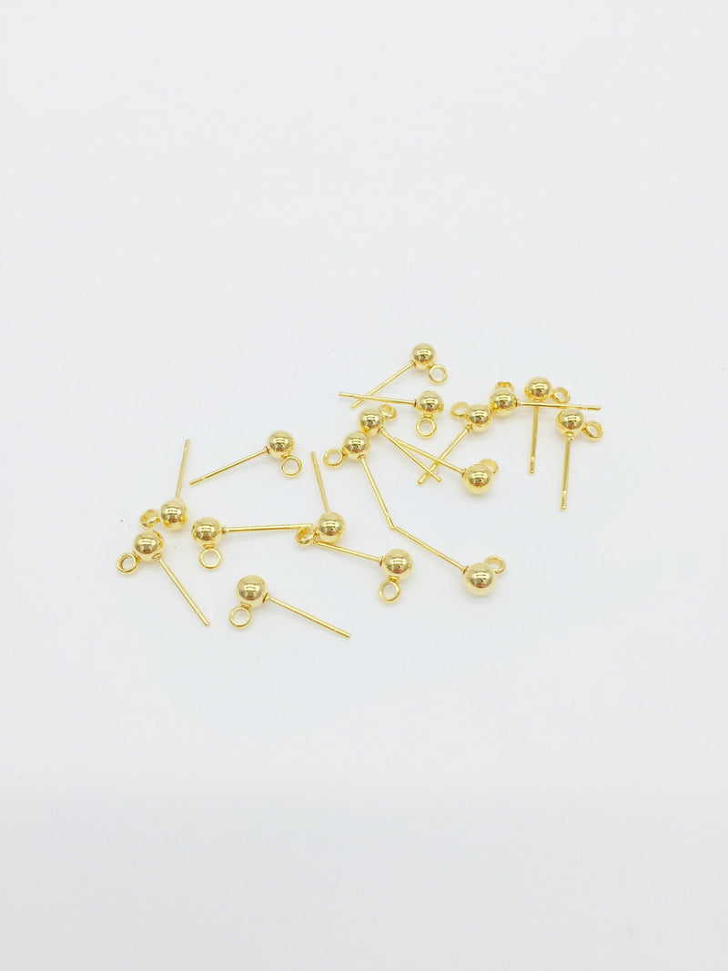 1 pair x 18K Gold Plated Stainless Steel Ball Earring Studs, 4mm Ball Posts with Loop (2724)