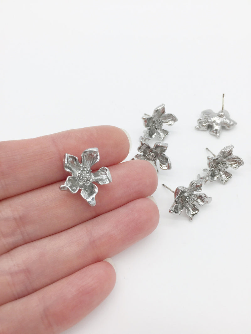 1 pair x Rhodium Plated Flower Earring Studs with Loops (2698)