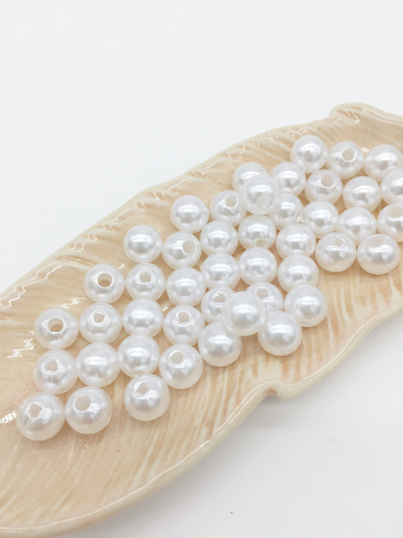 50 x 8mm White Acrylic Pearl Beads, Drilled (2474)