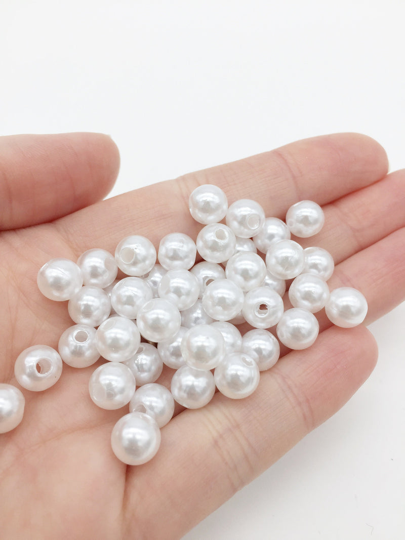 50 x 8mm White Acrylic Pearl Beads, Drilled (2474)