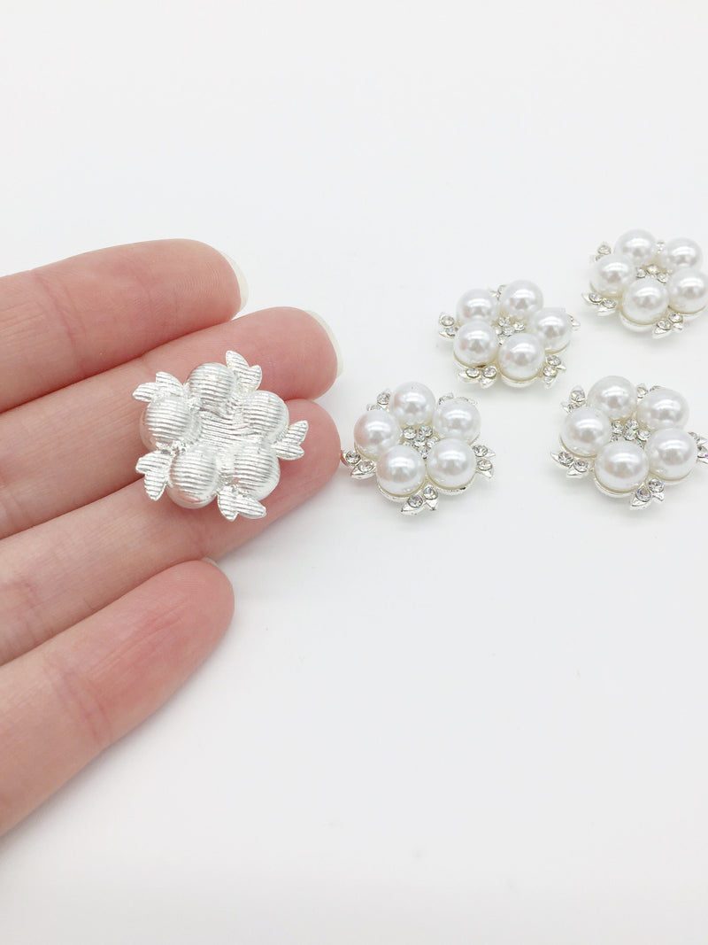 2 x Silver Plated Pearl and Crystal Flower Cabochon Embellishment, 22mm (2316)