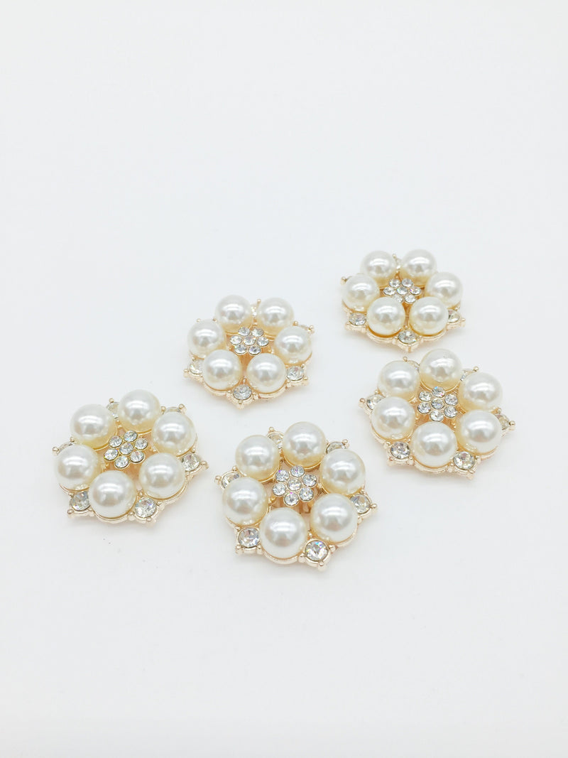 2 x Gold Plated Pearl and Crystal Flower Cabochons, 29mm (2324)