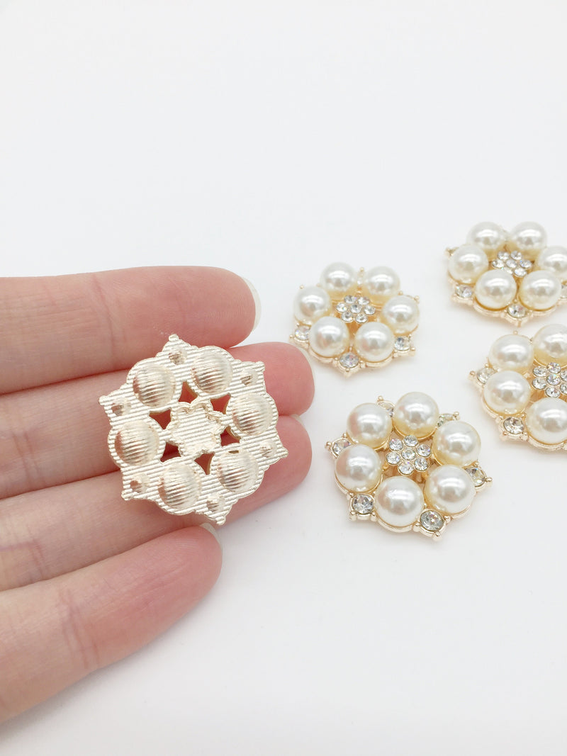 2 x Gold Plated Pearl and Crystal Flower Cabochons, 29mm (2324)