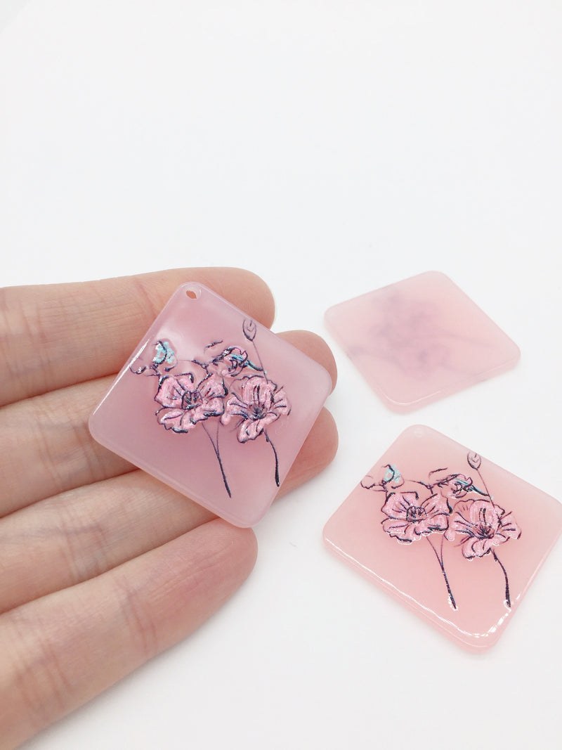 2 x Glossy Pink Acrylic Flower Pendants, 42mm (2322)