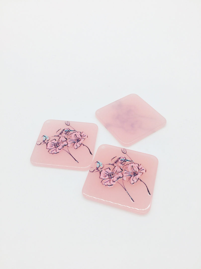 2 x Glossy Pink Acrylic Flower Pendants, 42mm (2322)