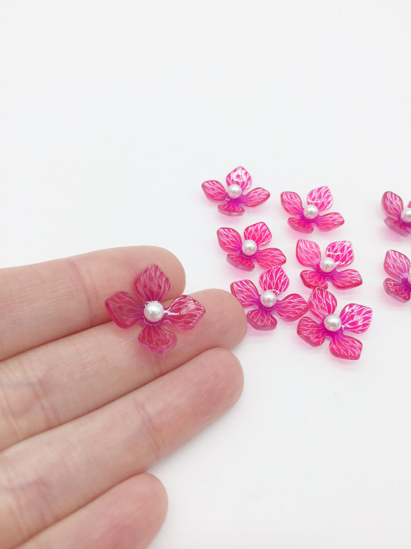 4 x Translucent Pink Flower Cabochons, Pearl Centre Acrylic Flower Embellishment, 20x15mm (3141P)