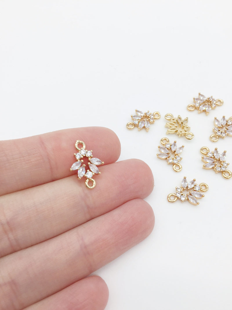 2 x 24K Gold Plated CZ Flower Jewellery Connectors, 15x11mm (0003)