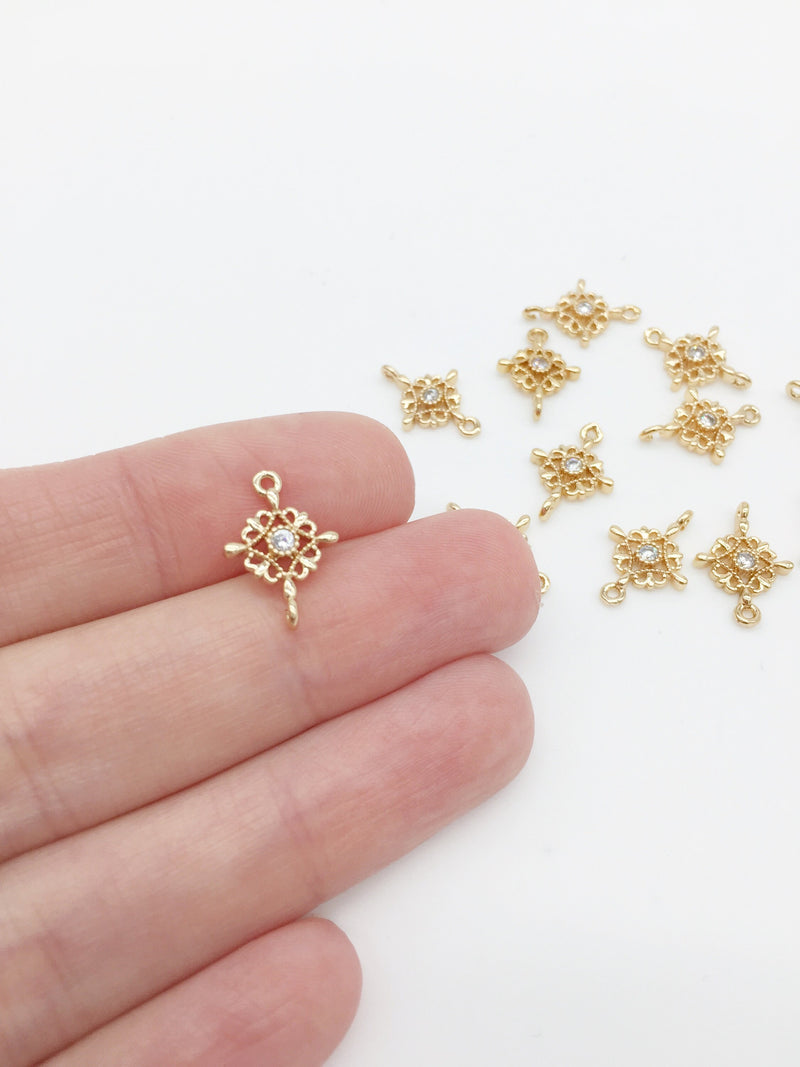 2 x 24K Gold Plated Ornate Cubic Zirconia Connectors, 14.5x10mm (0014)