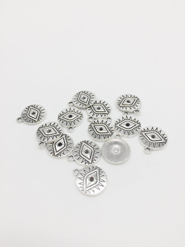 6 x Antique Silver Round Evil Eye Charms, 19x16mm (0045)