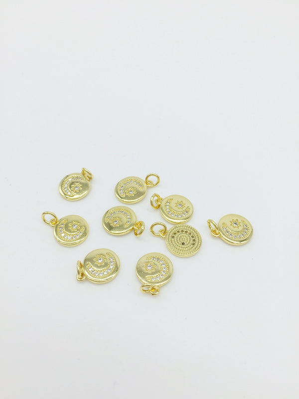 1 x 18K Gold Plated Cubic Zirconia Moon and Star Charms, 13x10.5mm (0182)