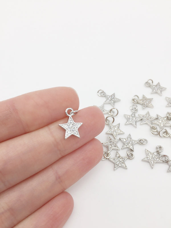 1 x Platinum Plated Tiny Star Charm Encrusted with Cubic Zirconia, 11x10mm (0211)